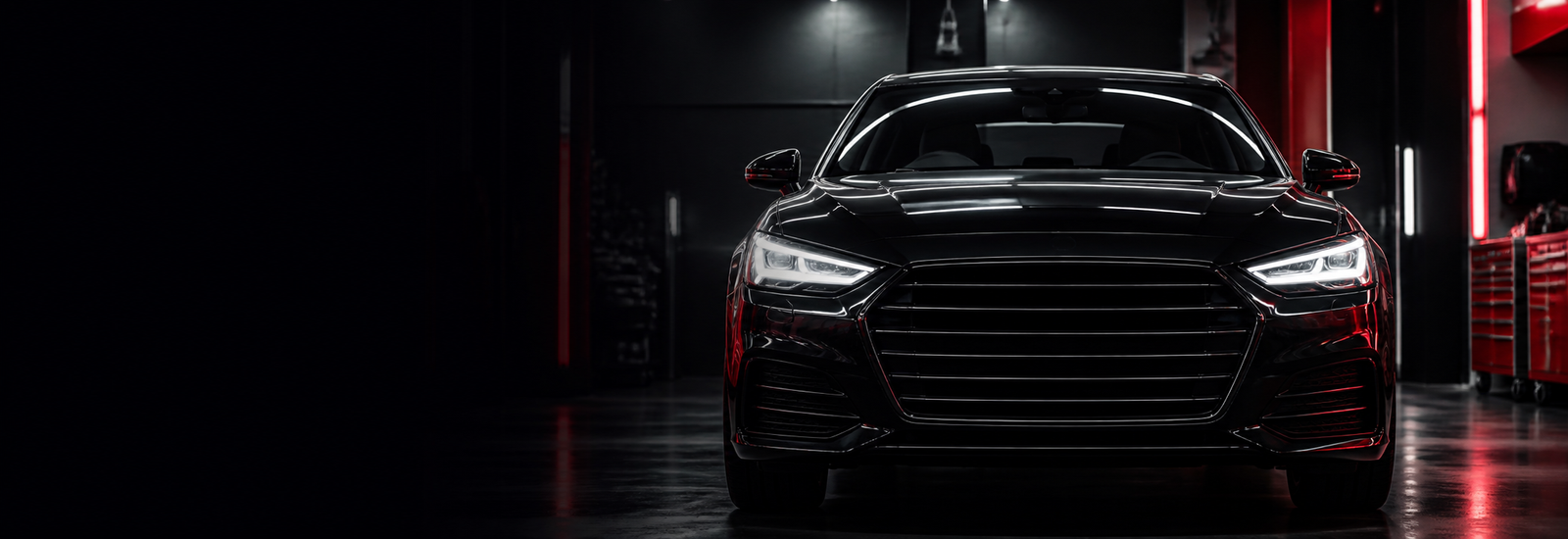 Frontal de um veículo preto premium em uma oficina automotiva escura