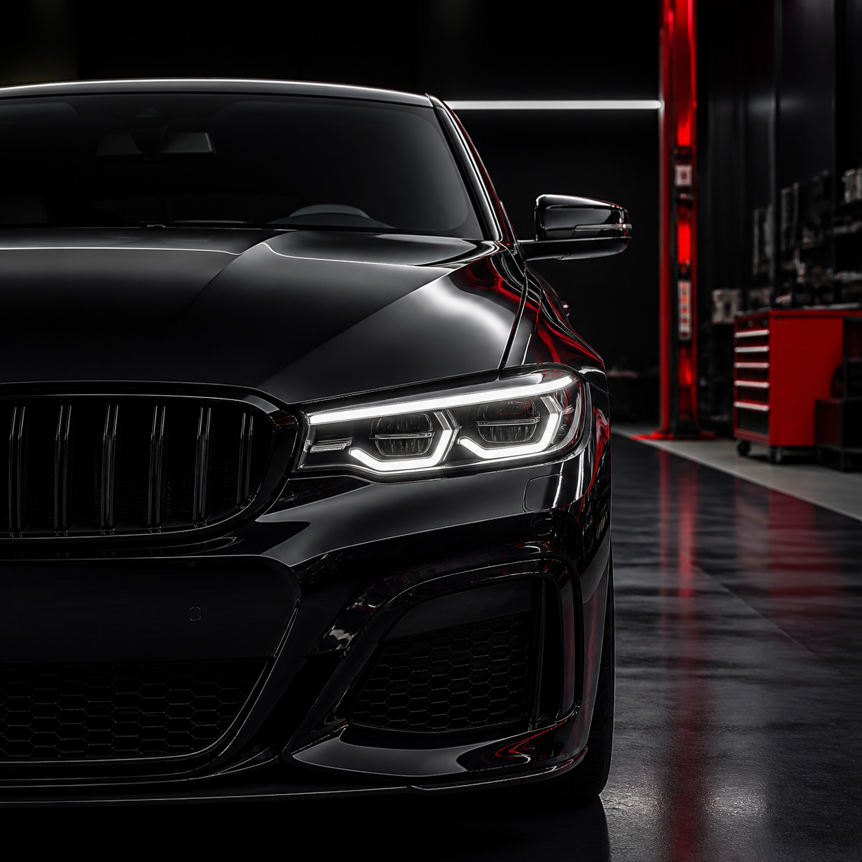 Frontal de um veículo preto premium em uma oficina automotiva