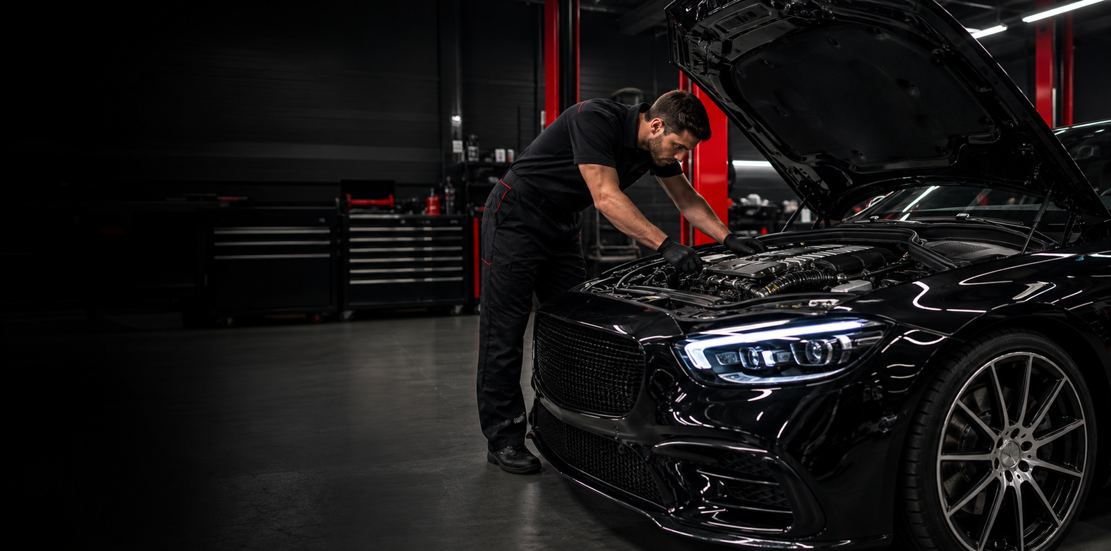 Mecânico trabalhando em um veículo preto em uma oficina automotiva moderna