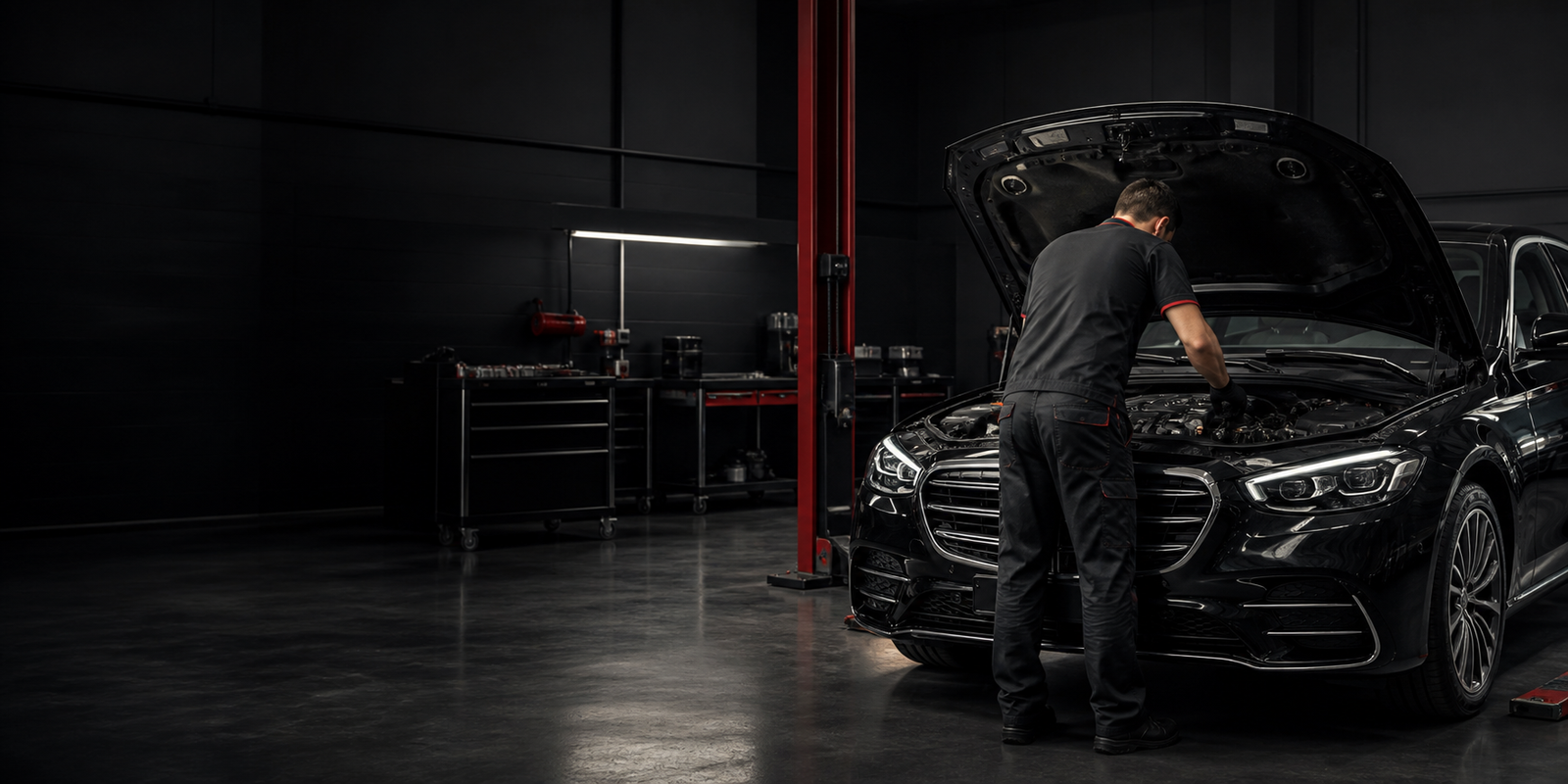 Mecânico trabalhando em um veículo em uma oficina automotiva
