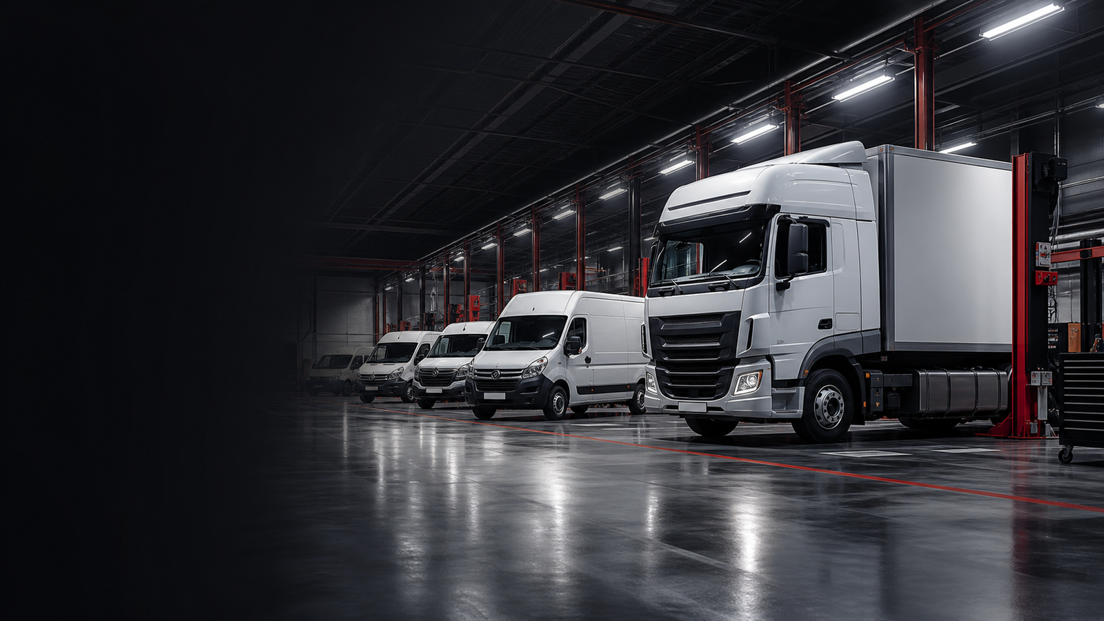 Frota de vans e caminhão em uma oficina automotiva moderna