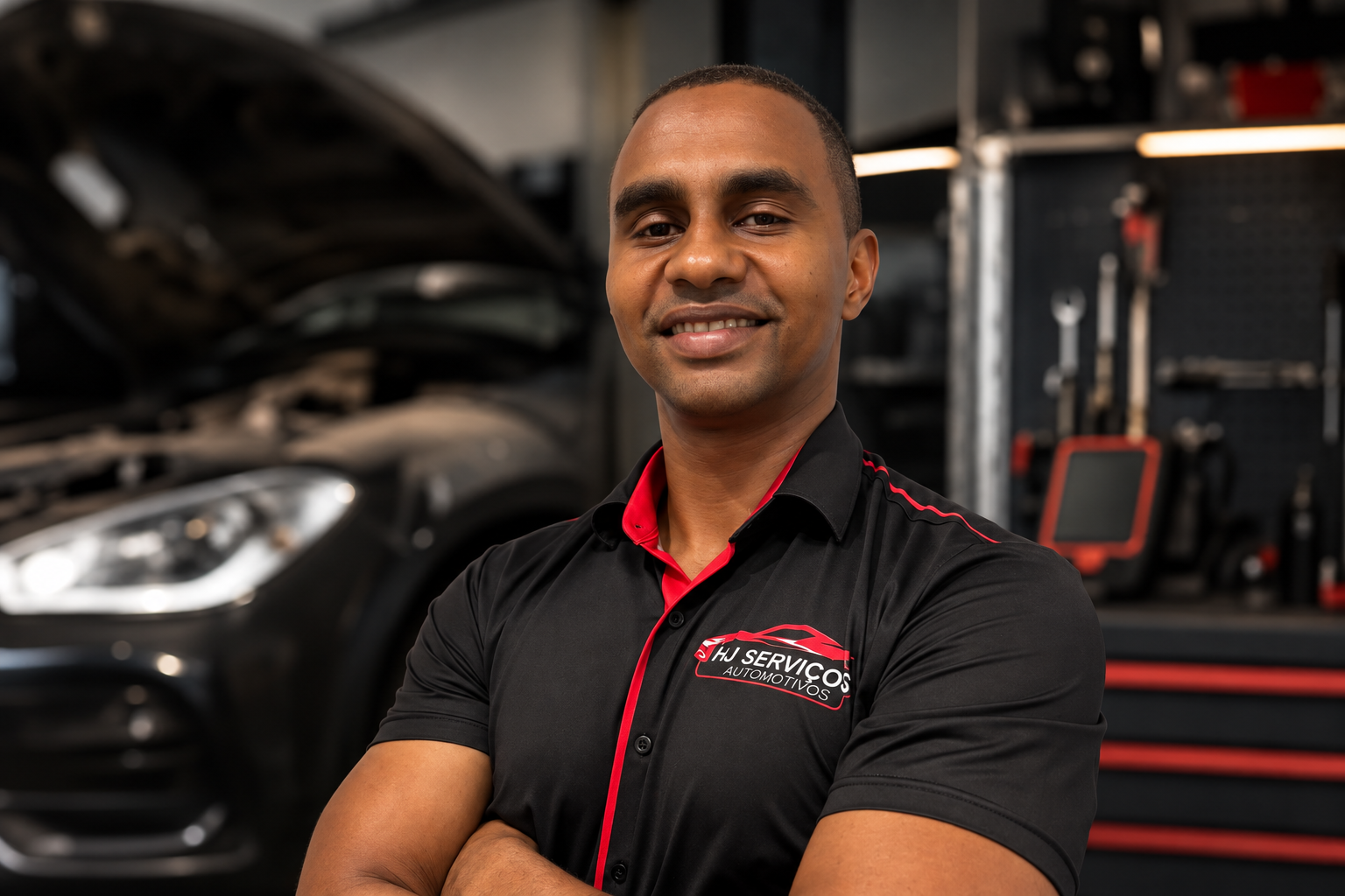 Especialista mecânico da HJ Serviços Automotivos em oficina moderna